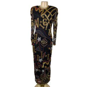 Jasjas Designs Womens Black Multicolor Silk Beaded Long Sleeve Gown Size 10